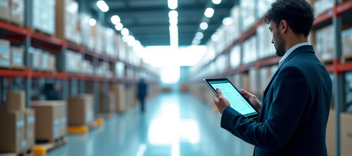 Logistics professional using a tablet in a modern warehouse hub